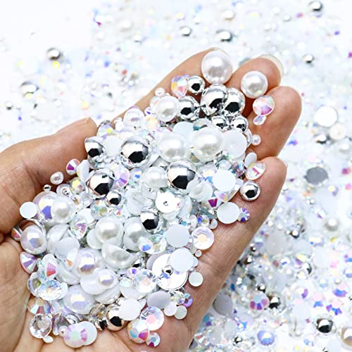 Towner 60g Mixed Pearls and Rhinestones, Flatback Rhinestones and Pearls for Crafts Tumblers Shoes Nails Face Art, 2-10mm Mixed Sizes, White|Silver|Clear - color: In the Clouds Blend | Mix White | Silver | Clear