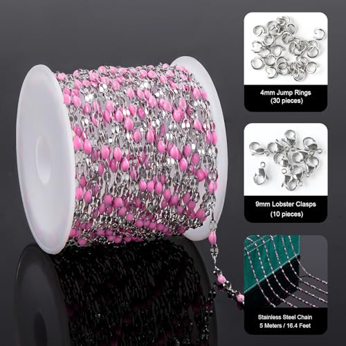 UMAOKANG 16.4 Feet Pink Enamel Jewelry Making Chain Roll Stainless Steel Craft Chain DIY Jewelry Supplies - color: Steel-Pink