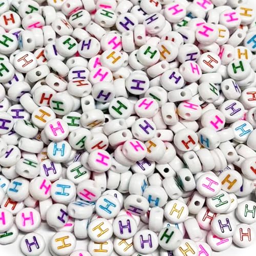500PCS 4x7mm Acrylic Letter Beads H for Friendship Bracelets Jewelry Making, White Round Flat Acrylic with Colourful Alphabet Beads for DIY Crafts Bracelets Necklaces Key Chains Phone Lanyard - color: H(colourful on white)