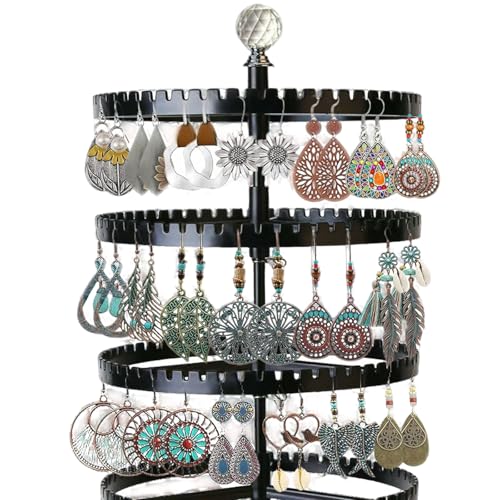 IDavosic.ly 6-layer rotating earring holder storage rack, adjustable plastic pendant display stand with 348 grooves on the tree strap, large circular storage tower, black - color: A Black