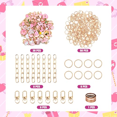 HOMAR 105Pcs DIY Keychain Making Kit Bag Charm Jewelry Chain Making 30 Pink Charms 8 Keychain Clips with Key Ring 8 Extender Chains 50 Jump Ring for DIY Craft Gifts - color: Pink-105PCS
