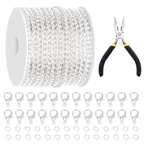 Glarks 102Pcs 30 Feet Jewelry Chains Set Silver Cable Link Chains Link Rolls Bulk Twisted Links Chain Necklace Jewelry Making Chains with Lobster Clasps and Jump Rings for Necklace Jewelry Making - color: Silver