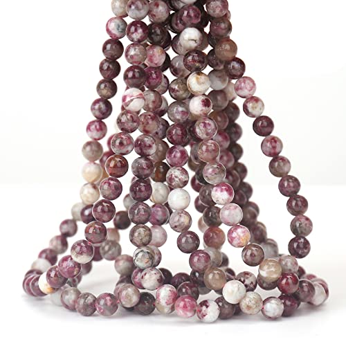 70PCS Natural 8MM Healing Gemstone, Plum Blossom Tourmaline Energy Stone Round Loose Beads, Semi-Precious Crystal Beads with Free Elastic String for Jewelry Making DIY - color: Plum Blossom Tourmaline