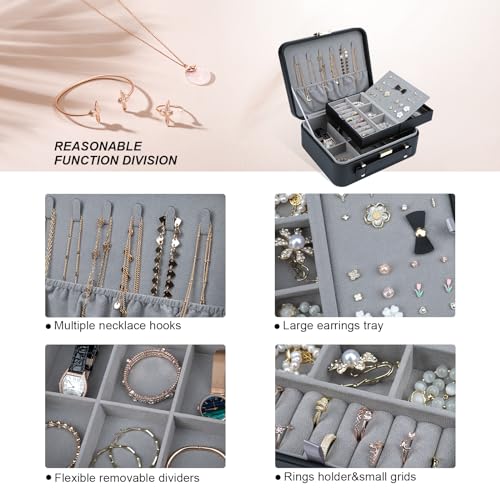 Large Jewelry Travel Organizer, 2 Layers Jewelry Box with Tray Black - color: Fashion Black