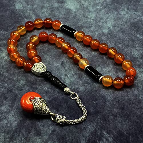 Simple Designed Natural Stone Worry Beads - Prayer Beads Tesbih-Tasbih-Tasbeeh-Misbaha-Subha-Sebha-Sibha-Rosary (Red Agate Natural Stone -8 mm 33- Beads/Drop Tassel) - color: Red Agate Natural Stone -8 mm 33- Beads / Drop Tassel