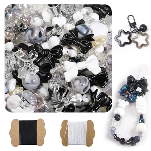 500G Assorted Acrylic Beads 600-760PCS Cute Beads for Jewelry Making 10M 0.8MM Nylon Strip Flower Star Bear Bow Aesthetic Kawaii Charms for Bracelet DIY Necklace Keychain Phone Charm-Black - color: 500g-Black White