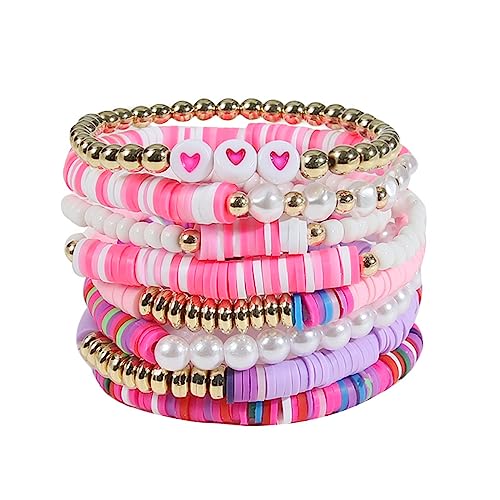 COLORFUL BLING 5-12Pcs Bohemian Love Heart Bead Bracelets for Women Vinyl Disc Heishi Surfer Stackable Stretch Bracelet Summer Beach Boho Jewelry - color: 8pcs purple pearl