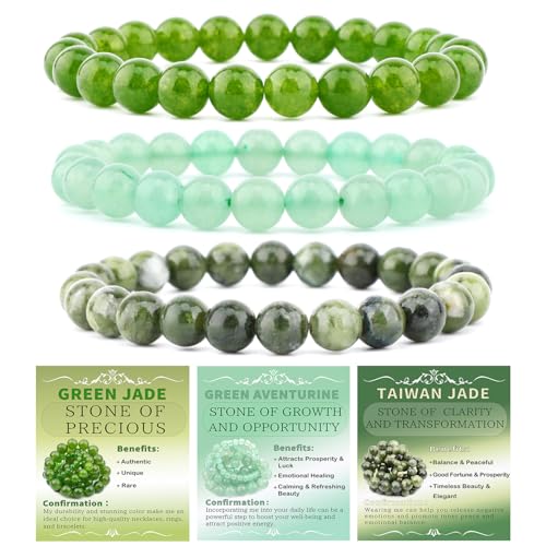 NCB 2.3-Piece 4mm Natural Crystal Gemstone Stretch Bracelets – Handmade Reiki Energy Healing Jewelry for Meditation,Yoga, Unisex - color: 3PCS ( Green Jade+Green Aventurine+Taiwan Jade ), size: 8mm