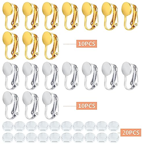 20pcs Clip-on Earring Converters Brass Round Flat Back Tray Earring Clips Components with Silicon Earring Pads for DIY Earrings Design Jewelry Making Findings, Gold and Silver - color: Silver,Gold