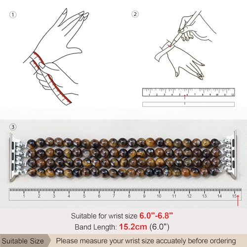 Newlibery Natural Stone Bracelet Beaded-Bands Women Compatible with Apple Watch 38mm 40mm 41mm 42mm (S10/11) Feminine Cute Handmade Stretch Strap for iWatch Series 11/10/9/8/7/6/5/4/3/2/1 SE 3/2/1 - color: A6 Tiger's Eye, size: 38/40/41/42mm(S10/11)