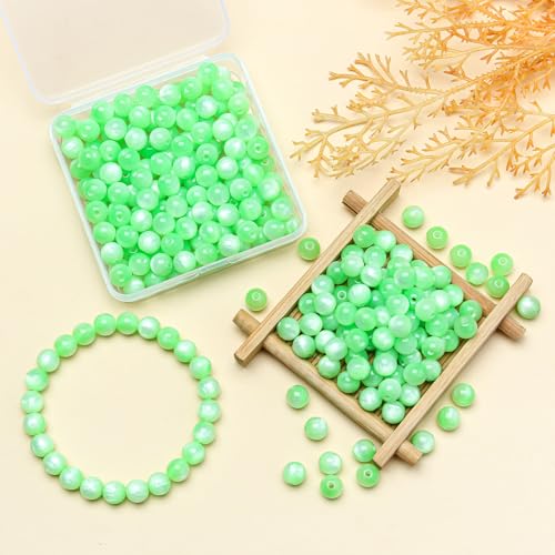 200pcs Glass Beads, 8mm Crystal Round Glass Beads for Bracelet, Jewelry Making, DIY Crafts, Single Box (Green) - color: Green