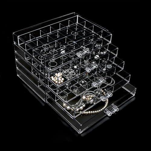 Clear Jewelry Box, Jewelry Organizer with 5 Drawers, 5-Layer Acrylic Storage Box for Women, Earring Display Holder for Earrings Ring Bracelet Necklace 79 Grid Compartment Earring Organizer - color: Clear, size: 5Layers-Multifunction