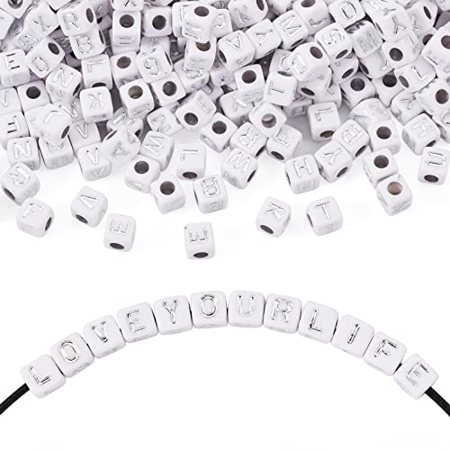 FASHEWELRY 500Pcs White Acrylic Cube Letter Beads 4.5x4.5x4.5mm Silver Alphabet A-Z Spacer Beads for DIY Bracelet Necklace Jewelry Making - color: White Silver-500Pcs, size: 4.5x4.5x4.5mm