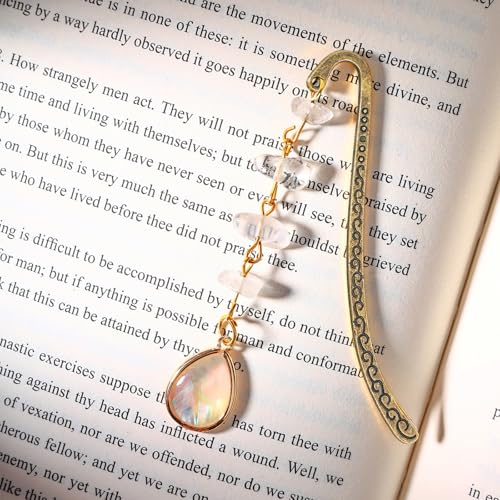 Vintage Metal Pendant Bookmark with Opal Drop Shell&Clear White Quartz Crystal StonesBead Chain–Elegant Natural Stone Protein Bookmarks for Women,Men,Book Lovers and Girls(Bronze) - style: Bronze