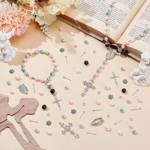 PH PandaHall Rosary Making Kit, 1092pcs 8 Colors Glass Pearl Beads Rosary Prayer Making Supplies First Communion Necklace Set Cross Charms Jewelry Findings for Easter Christmas Necklace Jewelry Making