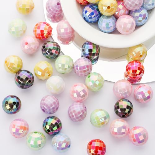 50PCS 16mm Acrylic Beads Colorful Disco Ball Beads Ab Color Bead for Jewelry Making Bracelet Necklace Earrings 70s 80s Costume Accessories