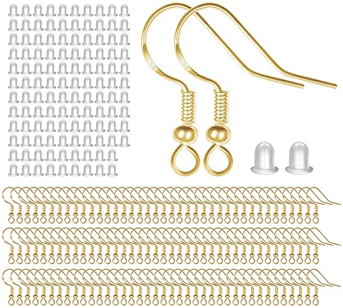 925 Sterling Gold Earring Hooks 120 PCS/60 Pairs, Ear Wires Fish Hooks, Hypo-allergenic Jewelry Findings Parts with 120 PCS Clear Silicone Earring Backs Stoppers - size: 120pcs-Gold