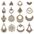 SUNNYCLUE 1 Box 64Pcs 16 Style Chandelier Connector Charms Component Connector Charm Tibetan Style Bronze Filigree Charms Findings Loops for Jewelry Making Earring Drop Women Adults DIY Crafts - color: 64pcs 16 Style Antique Bronze