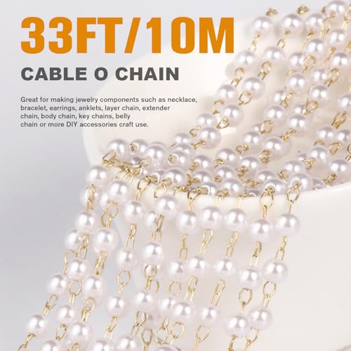 33 Feet Gold Pearl Beads Chains Roll, 5mm Faux Pearls Beaded Gold Plated Brass Cable Link Chain Spool Bulk for Jewelry Making DIY Craft - color: 5.0MM Gold Color