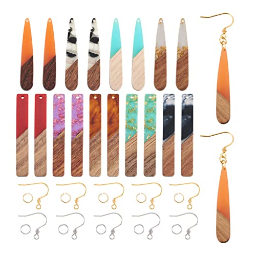 FASHEWELRY 18Pcs Wood Resin Earrings Charms Long Drop & Bar Shape Wooden Earring Blanks Earring Findings for Earrings Jewelry Making Kit with 120Pcs Earring Hooks & Jump Rings - color: 0Long Drop & Bar