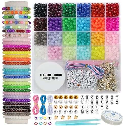 JULIMAIDONG 6mm Glass for Bracelets 1400pcs, 24 Colors Round Crystal Glass Bracelet Making Kit for Jewelry Making Kits Bead DIY Crafts with Spacer Charms Accessories (6mm, 24Color) - color: 6mm, 24Color