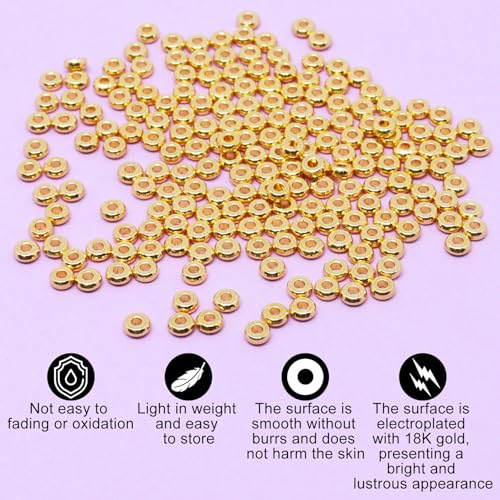 200Pcs 3mm Gold Flat Spacer Beads 18K Gold Plated Loose Beads for Jewelry Making DIY Bracelet Necklace Earring - size: 3mm