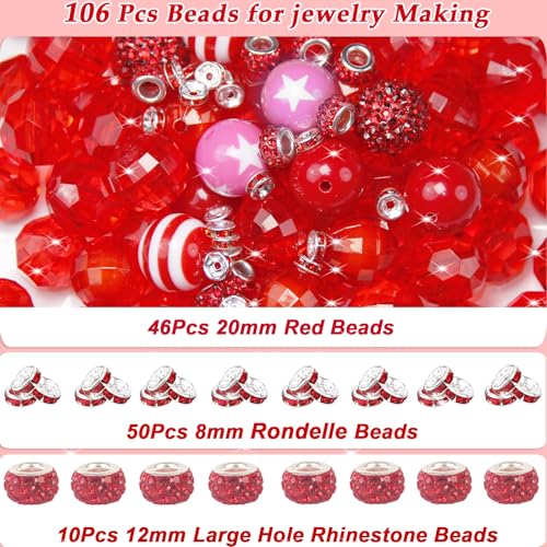 106Pcs 20mm Beads for Pens Making with Rondelle Spacer Beads Red Acrylic Focal Bubblegum Bead Crystal Round Sparkly Chunky Bead for Pens Beadable Keychain Necklace DIY Craft Jewelry Making Supplies - color: Red