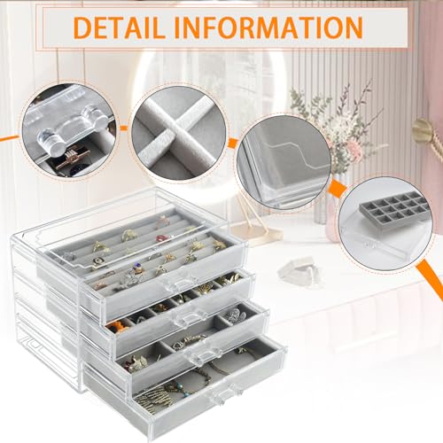 Weiai Acrylic Jewelry Organizer, Clear Jewelry Box with 4 Drawers, Jewelry Case Storage for Women (Gray) - color: Gray