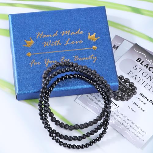2/3-Pieces 4mm 6mm 8mm Natural Crystal Gemstone – Handmade Reiki Energy Healing Stretch Bracelets Jewelry for Yoga, Meditation, Unisex - color: 3 Pieces (BlackLava&BlackOnyx&MatteBlackAgate), size: 4mm