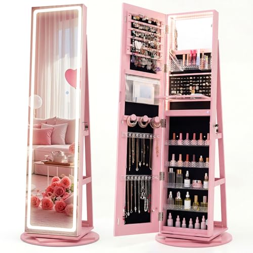 CHARMAID 360° Rotating Jewelry Armoire with LED Lighted Full Length Mirror & Built-in Vanity Mirror, Lockable Standing Jewelry Cabinet with Lights, Large Storage Organizer for Jewelry (Pink) - color: Pink, size: 63"H