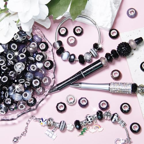 100 Pieces Large Hole Beads Spacer Bead Black Assorted European Craft Big Beads Large Hole Lampwork Murano Fairy Wand Garden Bead for DIY Pens Charms Bracelet Necklace Keychain Jewelry Making Supplies - color: Black, size: 100 Pcs