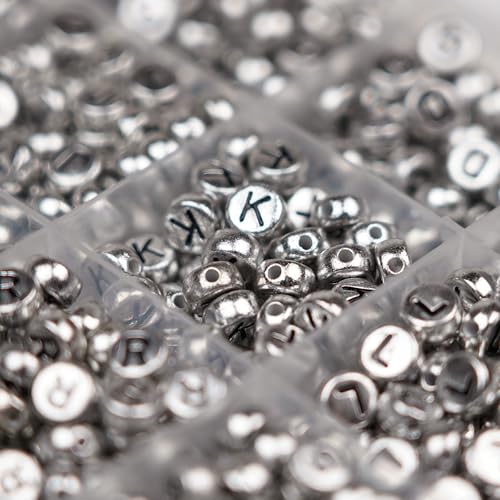 Melius Acrylic Silver Letter Beads, 1450 Pcs 4x7mm Round Alphabet Beads in 28 Grid Box for Jewelry Making, DIY Bracelets, Necklaces, Key Chains, Bracelets - color: Silver, size: 4x7mm