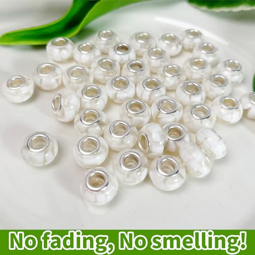 White Shell European Craft Beads for Jewelry Making Large Hole Beads for Pen 140pcs 14mm Rondelle Slide Charm Beads, Big Hole Space Resin Beads for DIY Bracelet Charms (PT400) - color: PT400 Shell White