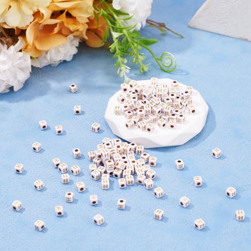 FASHEWELRY 500Pcs White Golden Letter Beads 4.5mm Square Alphabet Beads Acrylic Cube Letter H Beads for Friendship Bracelet Necklace Keychains Jewelry Making - color: Letter H