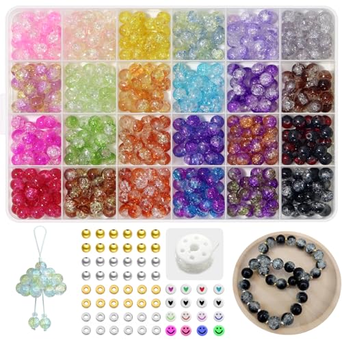 JULIMAIDONG 8mm Glass for Bracelets, 24 Colors Round Crystal Glass Bracelet Making Kit for Jewelry Making Kits Bead DIY Crafts with Spacer Charms Accessories (8MM, 24 Crackle Color) - color: 8MM 24Crackle Color