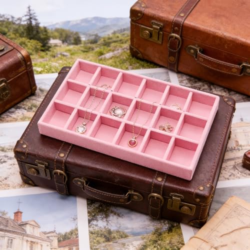 Velvet Jewelry Organizer Trays Pink Stackable Jewelry Storage Display Tray with Removable Dividers, 18 Grids - color: Pink
