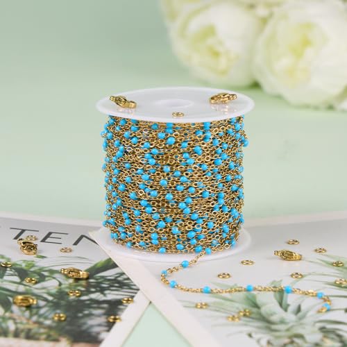 UMAOKANG 10 Meters Light Blue Enamel Bead Chains for Jewelry Making Gold Plated Stainless Steel Chain Bulk on Spool - color: Light Blue Bead-Gold