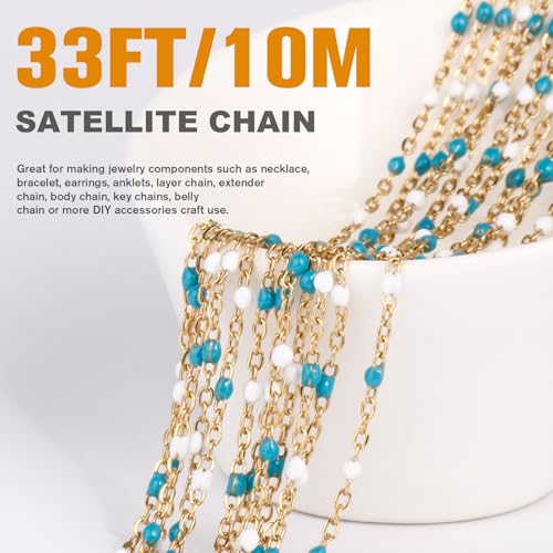 33 Feet Gold Enamel Chains Bulk, 2mm 18K Gold PVD Plated 304 Stainless Steel Blue White Enamel Beaded Cable Link Chain Roll Spool for Jewelry Making - color: Gold Blue White Beads