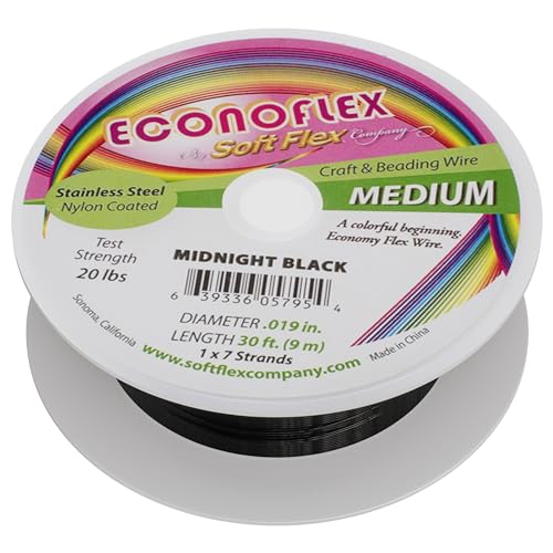 Soft Flex Econoflex Hobby Beading Wire - Flexible Stainless Steel Wire for Crafting - 7 Strand 0.19 30 Ft - style: Midnight Black