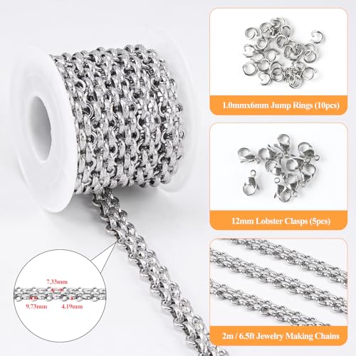 YOUBEIYEE 6.5 Feet Silver Stainless Steel Jewelry Making Chains Roll Embossed Oval Cable Chain Bulk with Lobster Clasps and Jump Rings - color: Embossed Silver