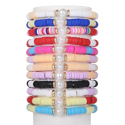 COLORFUL BLING 5-12Pcs Bohemian Love Heart Bead Bracelets for Women Vinyl Disc Heishi Surfer Stackable Stretch Bracelet Summer Beach Boho Jewelry - color: 12pcs pearl