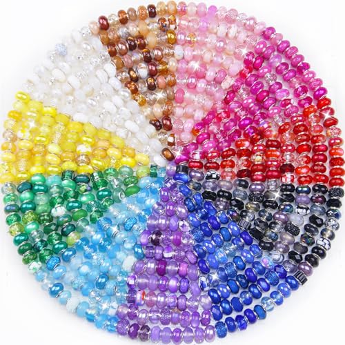 200 Pcs Large Hole Beads for Jewelry Making, Assorted European Craft Big Beads Large Hole Lampwork Murano Bead Fairy Wand Garden Bead for DIY Beadable Pens Charm Bracelet Necklace Decoration Supplies - color: Mixed Rainbow, size: 200 Pcs