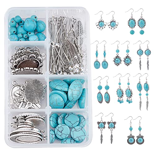 SUNNYCLUE 1 Box DIY 10 Pairs Turquoise Bead Earrings Making Kit Alloy Enamel Leaf Pendants Charms with Turquoise Beads Eye Pin & Earring Hooks for DIY Earring Jewelery Making, Antique Silver - color: 1 Box Diy 10 Pairs Turquoise Bead Earrings Kit