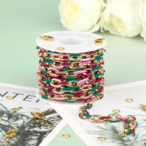 UMAOKANG 2 Meters Colorful Enamel Chain for Jewelry Making Gold Plated Stainless Steel Paperclip Jewelry Chain Roll with Jewelry Findings - color: Pink Green Mixed