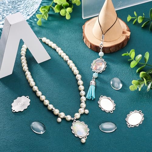 FASHEWELRY 5 Sets Alloy Oval Flower Edge Bezel Pendant Trays with Clear Dome Glass Cabochon Blank Base Connector for DIY Jewelry Making - color: 25x18mm-5 Sets