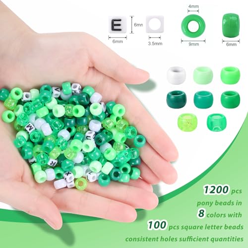 Green and White Beads, 1200 Pcs Pony Beads Bulk and Letter Beads, Kandi Beads Hair Beads for Girls Adults, Plastic Beads for Bracelets Jewelry Making DIY Crafts - color: green
