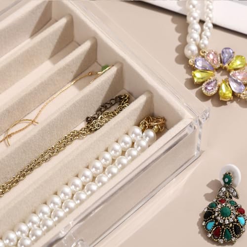 CLUQMEIK Necklace Organizer Box with Clear Lid, Dustproof Velvet Jewelry Holder Storage Display Case, Stackable Acrylic Necklace Tray Drawer Insert for Women and Girls (Beige,3 Drawers) - color: BEIGE-3Layer