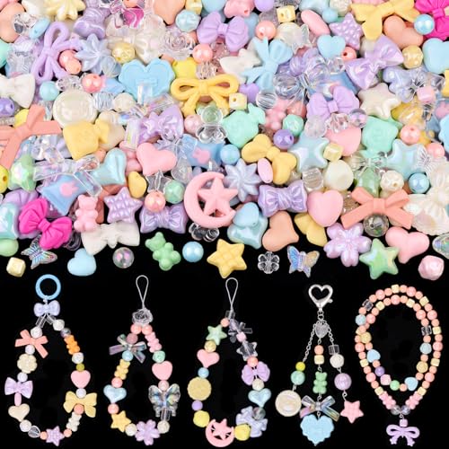 200-260PCS TINKRSTUFF Assorted Macaroon Color Acrylic Beads for Bracelet Making,Cute Beads for Jewelry Making Bow Butterfly Candy GummyBear Aesthetic Bracelet Charms,DIY Necklace Keychain Phone Charm - color: Macaroon Color
