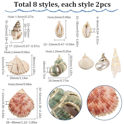 SUNNYCLUE 1 Box 16Pcs 8 Styles Natural Shell Charms Bulk Seashell Charm Summer Ocean Beach Conch Cowrie Scallops Beads Shells Marine Sea Charms for Jewelry Making Charm Earrings Necklaces DIY Crafts - color: 1 Box 16Pcs 8 Styles Shell Charms