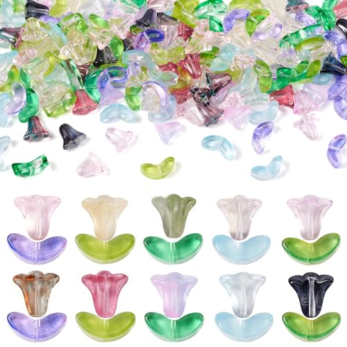FASHEWELRY 200Pcs Glass Flower Leaf Beads Crystal Trumpet Flower Beads Transparent Cute Bell Orchid Floral Loose Spacer Bead for Jewelry Making Earring Bracelet - color: Bell Orchid Set